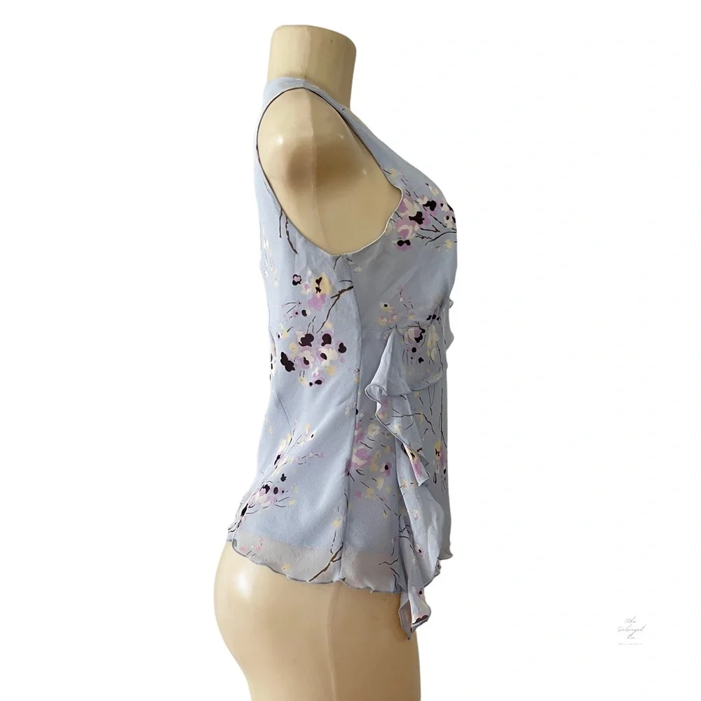 Banana Republic Blue Silk Ruffle Floral V-Neckline Sleeveless Blouse Woman’s S - Picture 3 of 7